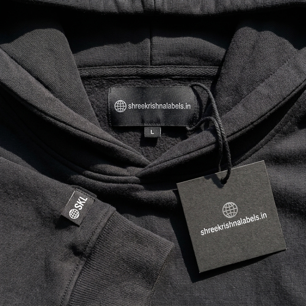 Crafted woven labels on a wooden surface — Shree Krishna Labels facility, Vasai