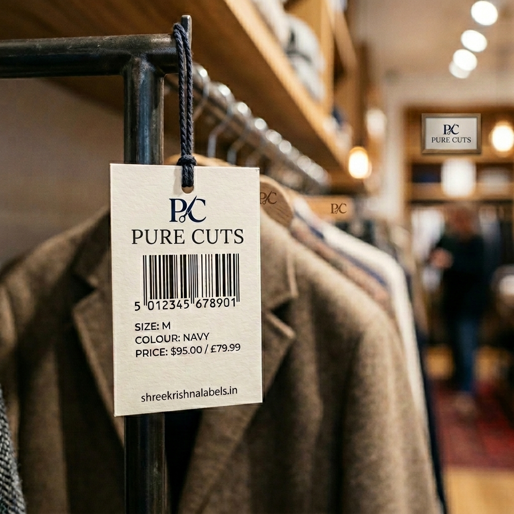 Barcode swing tag on a retail rail — Shree Krishna Labels, Vasai Mumbai