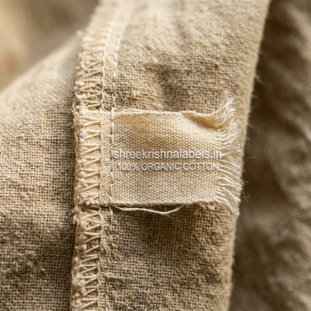 Cotton label stitched on a garment — Shree Krishna Labels, Vasai Mumbai