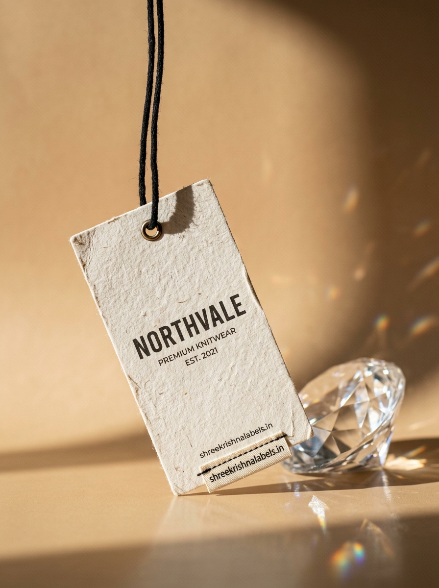 Premium paper hang tag styled with a crystal — Shree Krishna Labels, Vasai Mumbai