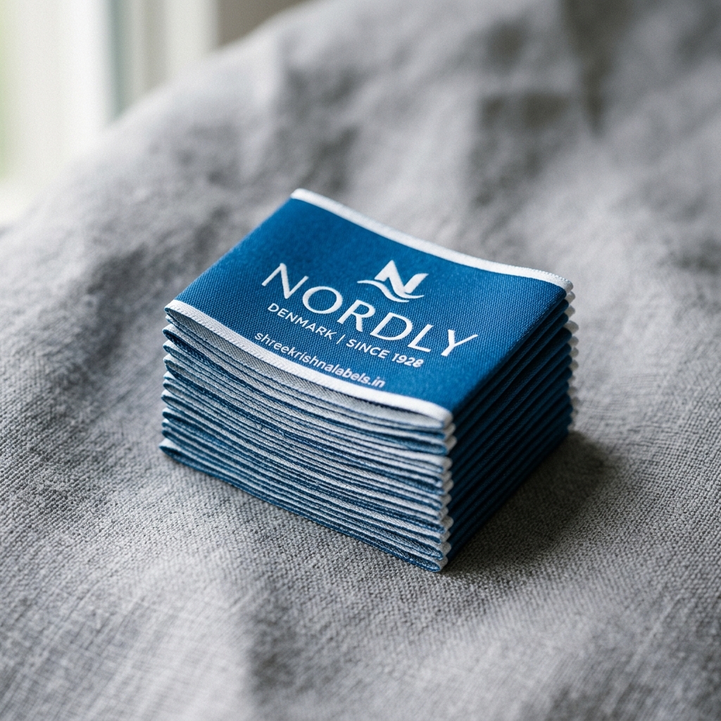 Stack of satin brand labels — Shree Krishna Labels