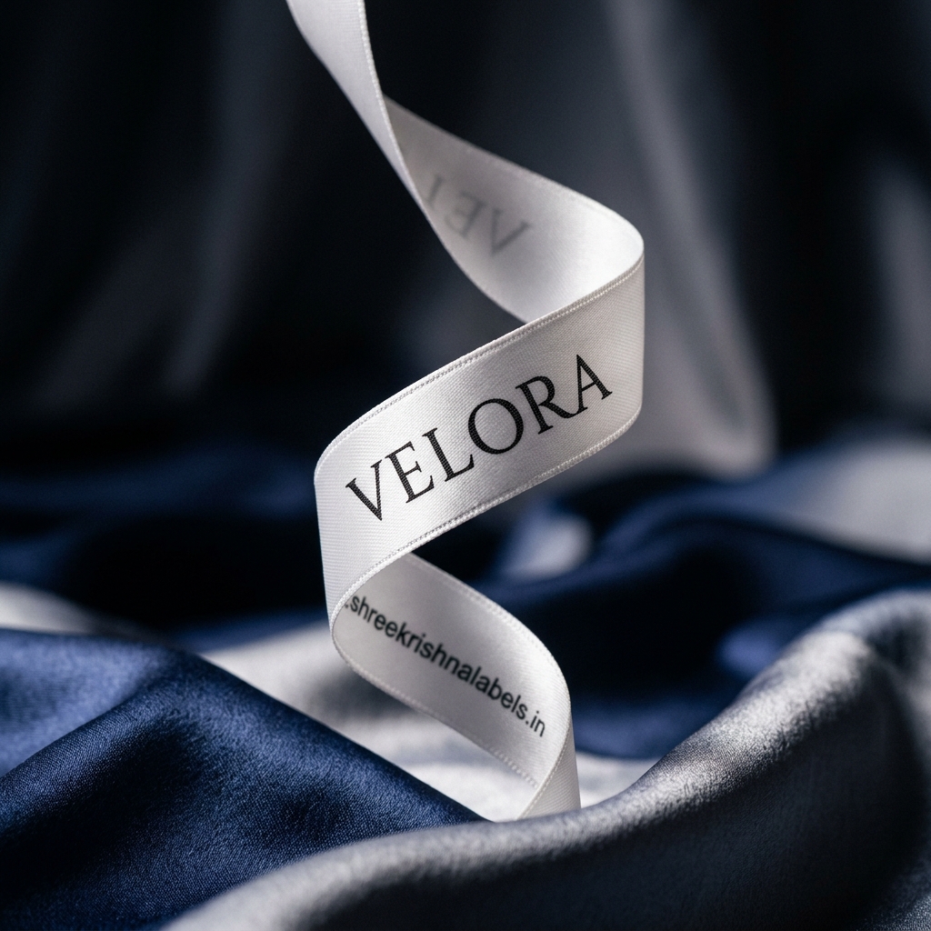 White satin label twisting on silk — Shree Krishna Labels
