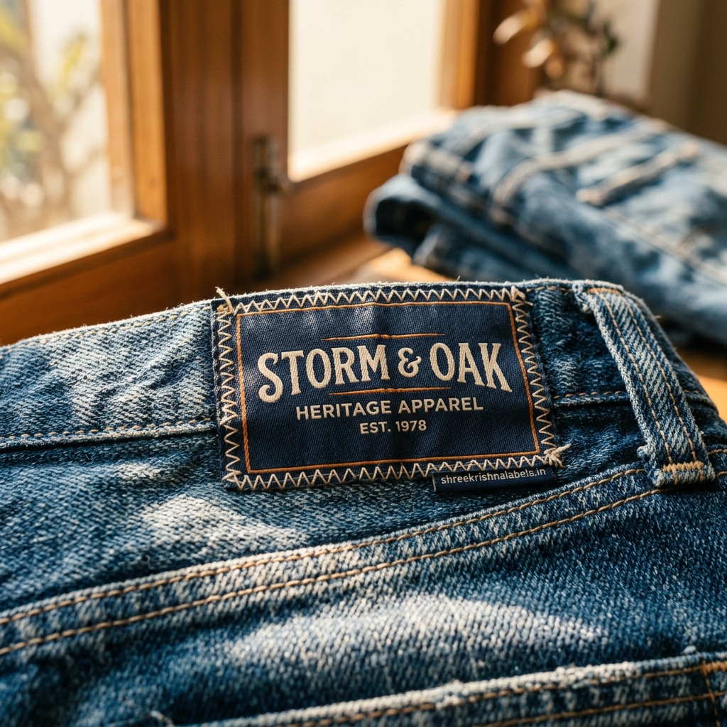 Woven brand patch on denim — Shree Krishna Labels