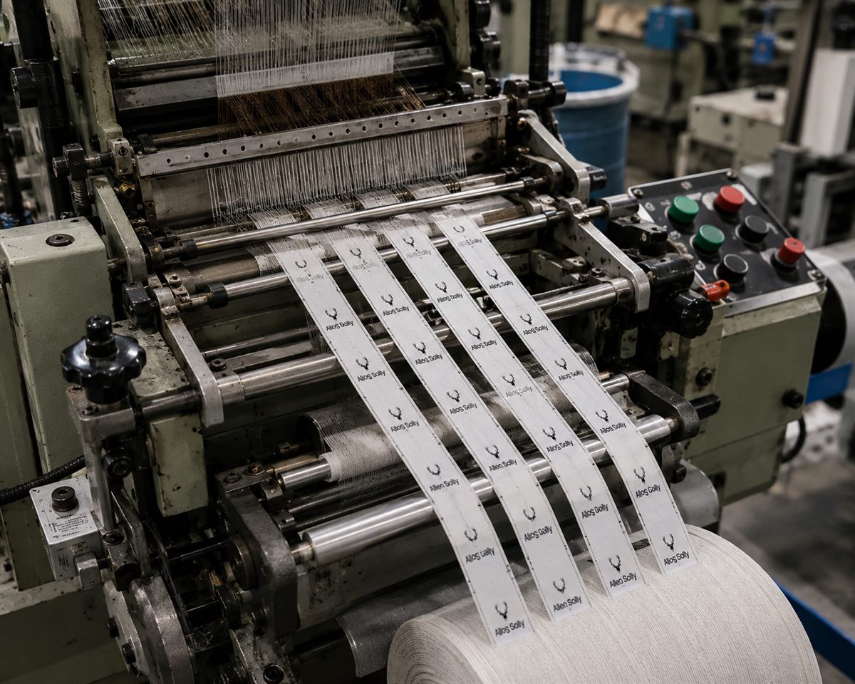 Needle loom weaving branded garment labels on the production floor — Shree Krishna Labels manufacturing facility, Vasai East